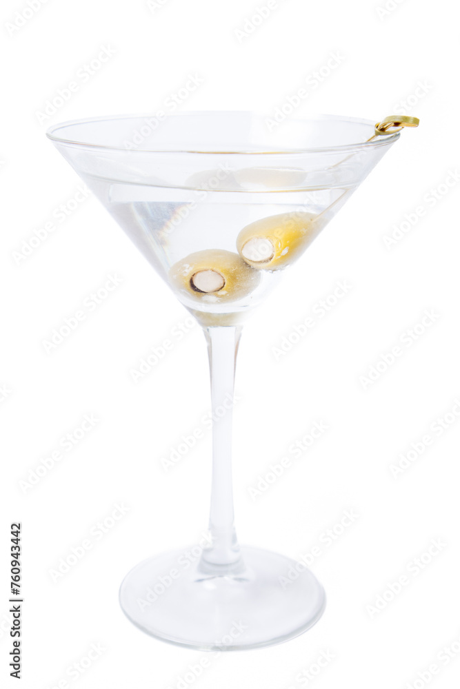 A martini glass filled with a clear liquid and two olives floating in it A martini glass filled with a clear liquid and two olives floating in it
