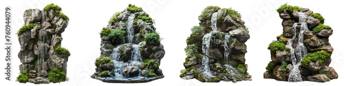 Waterfall cascading down moss-covered rocks. Hyperrealistic Highly Detailed Isolated On Transparent Background Png File © Wander Taste