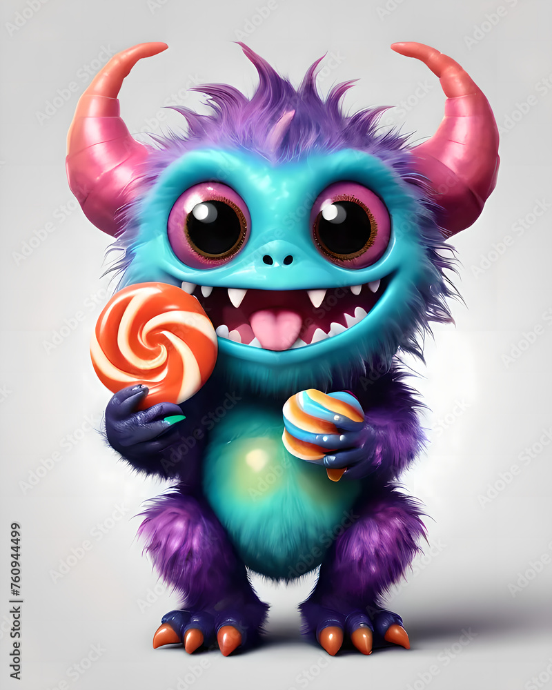 Cute little 3d purple monster with candies, for ilustrations design, for 3d design, for characters design. Cute little 3d purple monster with candies, for ilustrations design, for 3d design, for characters design.
