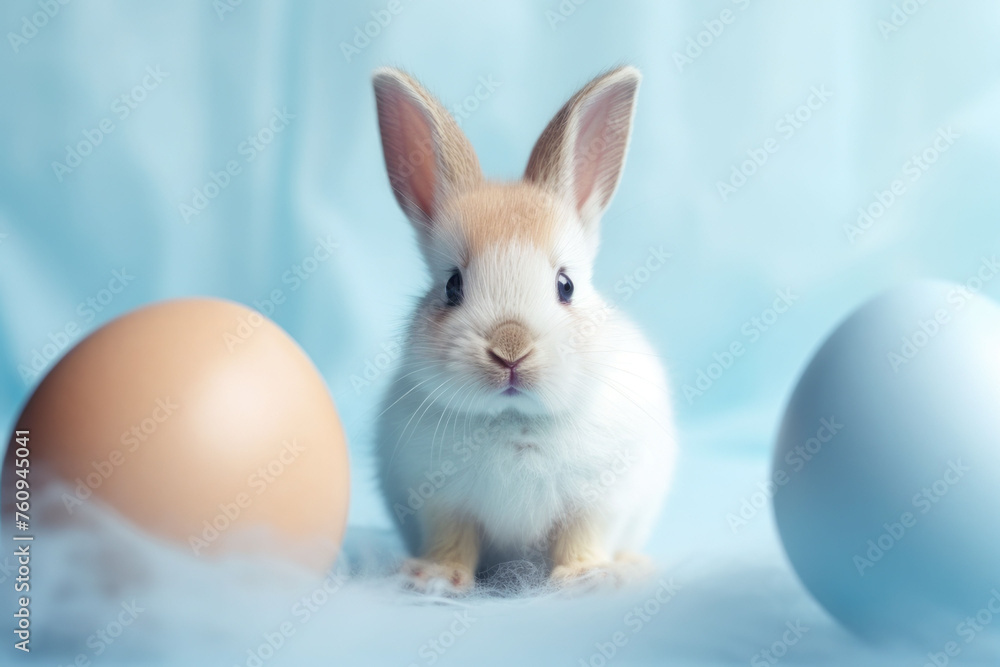 cute bunny with eggs in blue light backgroun