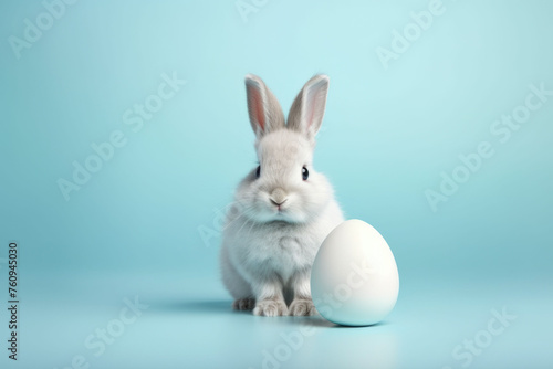 white rabbit with a egg on blue light background. © OLGA