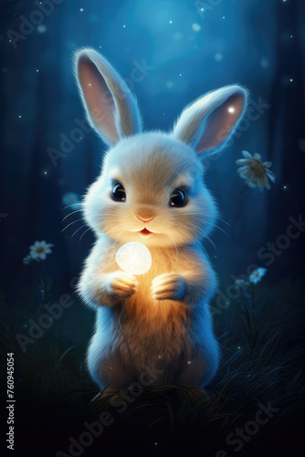 cute bunny with egg in blue light backgroun