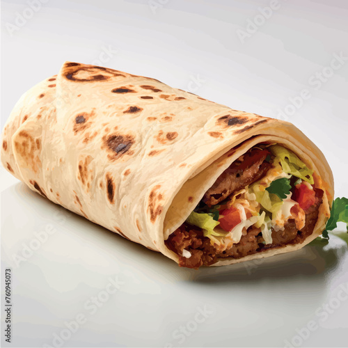 Doner kebab or shawarma isolated on white background. Fresh roll with shawarma sandwich, tortilla with grilled chicken and lettuce, tomato, onion, with white garlic sauce, isolated. Image.