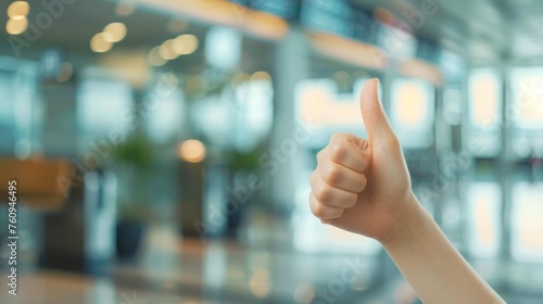 Thumbs up sign. Woman's hand shows like gesture. Airport terminal background