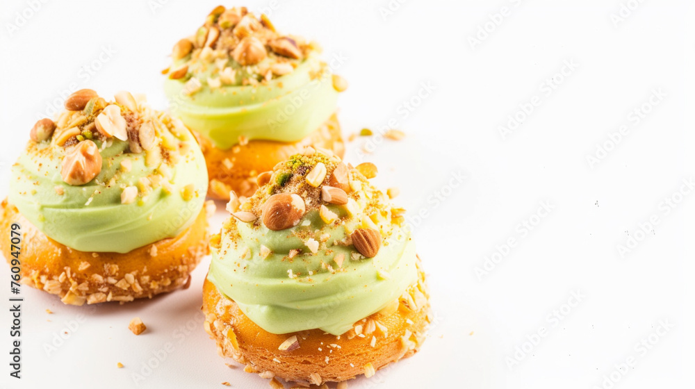 Choux cake with pistachio cream and nuts, French dessert on white background. Generative Ai Choux cake with pistachio cream and nuts, French dessert on white background. Generative Ai