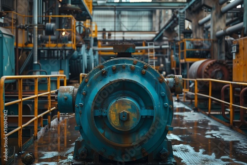 Large blue industrial pump in a factory setting with pipes and machinery, Concept of manufacturing, engineering, and industrial equipment