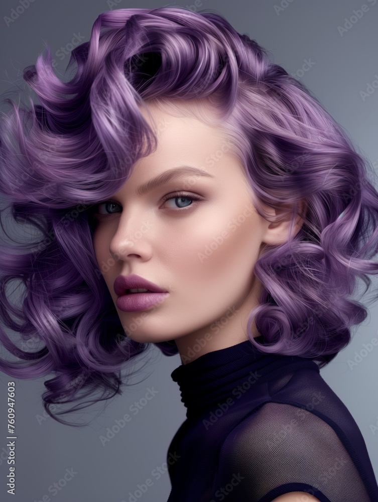 Fototapeta premium Close-up of Fashionable Woman with Wavy Purple Hair and Turtleneck