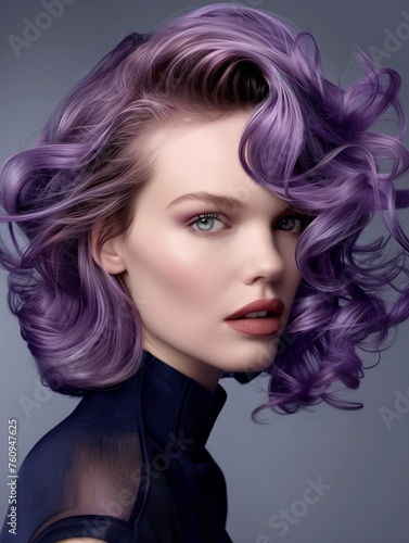 Sultry Model with Voluminous Purple Curls and Dark Fashion Attire