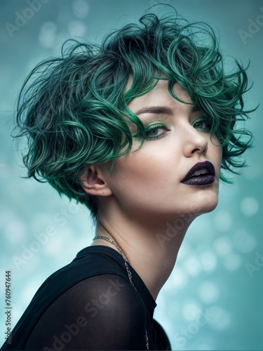 Trendsetting Green Curly Bob Hairstyle on Fashion Model