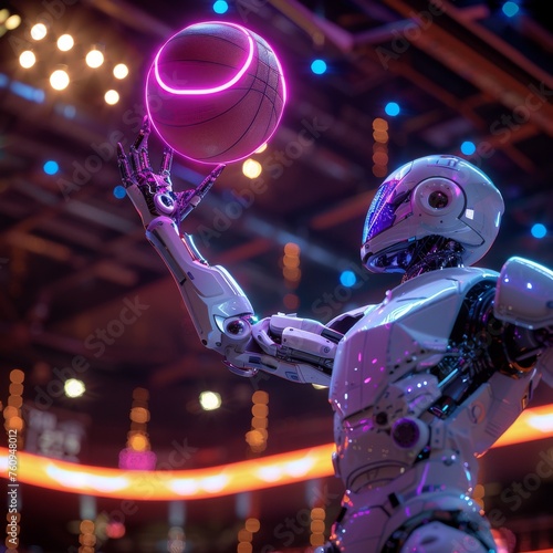 A robot basketball player shooting a vibrant purple ball in an illuminated arena