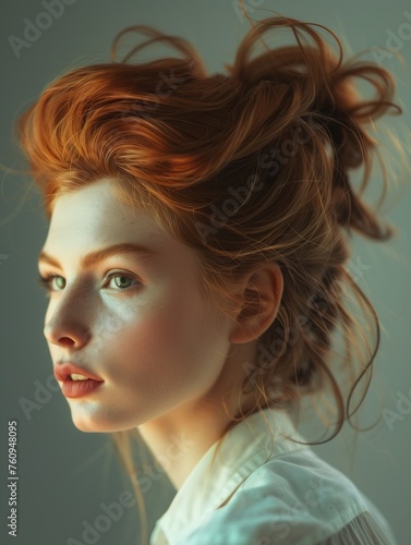 Redheaded Woman with Updo Hairstyle and Soft Freckles