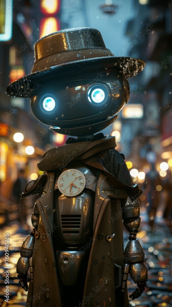 A robot detective with a shiny silver badge investigating a mystery in the city A robot detective with a shiny silver badge investigating a mystery in the city