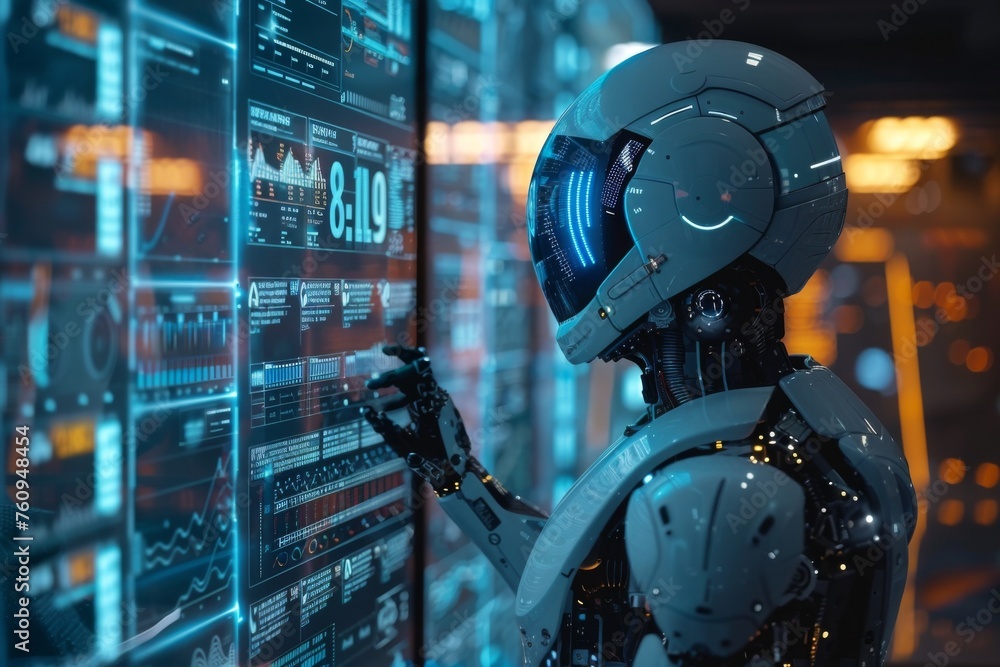 A robot marketer analyzing vibrant blue data charts on a holographic screen A robot marketer analyzing vibrant blue data charts on a holographic screen