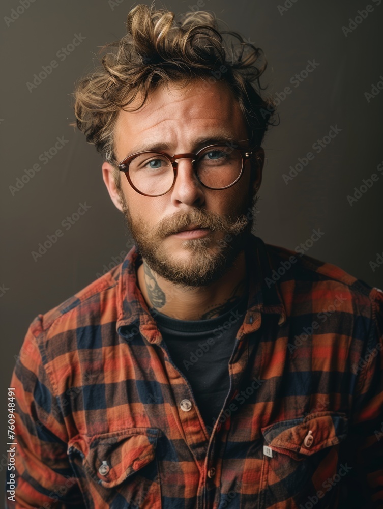 Obraz premium Pensive Man with Beard and Plaid Shirt - Men's hairstyles