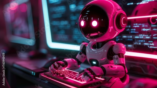 A robot investigator tracing a neon pink phishing source in a dark web environment
