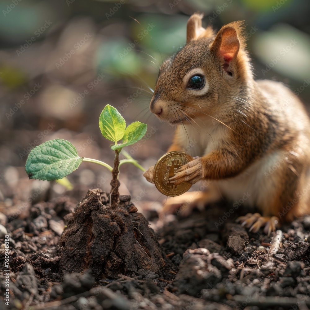 A squirrel planting a bitcoin watching it grow into a tree A squirrel planting a bitcoin watching it grow into a tree
