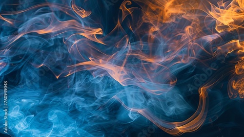 Blue and orange smoke layers forming abstract fluid shapes. Mysterious exploration in intangible world illustration