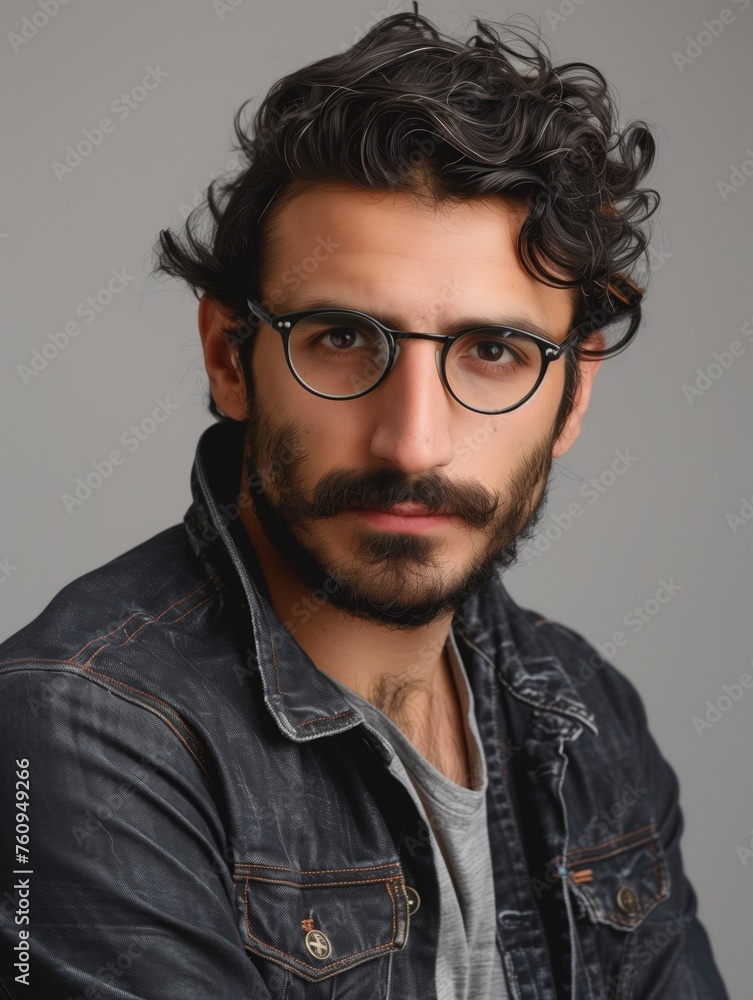 Obraz premium Curly Haired Man with Glasses in Casual Denim Attire - Men's hairstyles