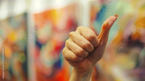 Thumbs up sign. Woman's hand shows like gesture. Art gallery background
