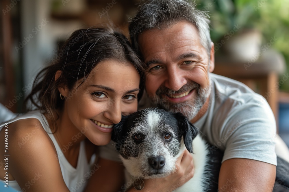 Portrait of a smiling couple embracing their dog, illustrating love, family, and pet companionship concept Portrait of a smiling couple embracing their dog, illustrating love, family, and pet companionship concept