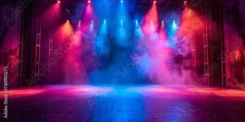 Enhancing an empty theater stage for an opera performance with colorful stage lighting. Concept Theater Lighting, Opera Performance, Stage Enhancement, Colorful Lights, Theatrical Setting
