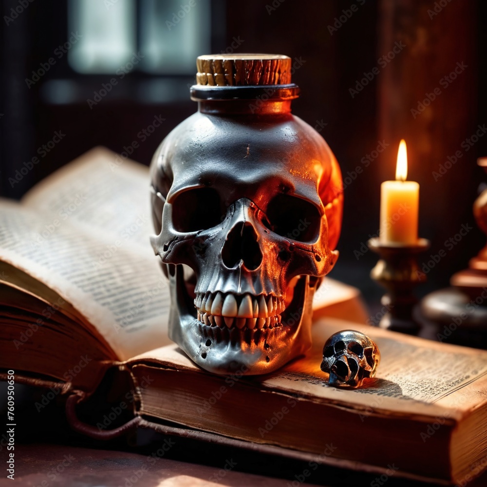 Macabre occult scene with book of dark magic and evil skull - obrazy, fototapety, plakaty 