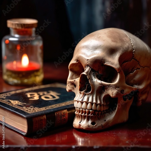 Macabre occult scene with book of dark magic and evil skull