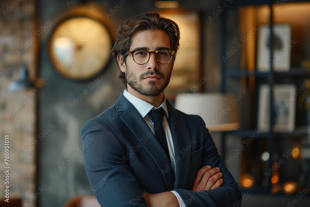 Naklejka premium Confident businessman in a tailored suit standing in an office environment, expressing determination and professionalism, concept of leadership and corporate success