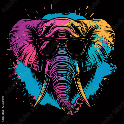 Elephant head with sunglasses. T-shirt design. Vector illustration.