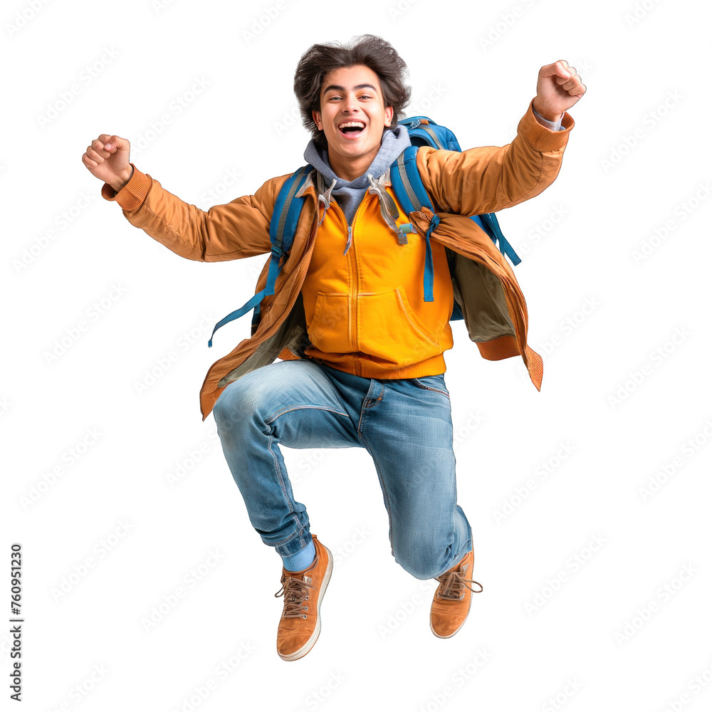Happy smiling boy jumping with backpack on his back. Man jumping
