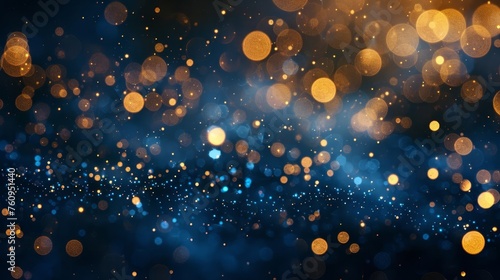 Abstract dark blue and gold particle background, festive Christmas golden light shine bokeh effect