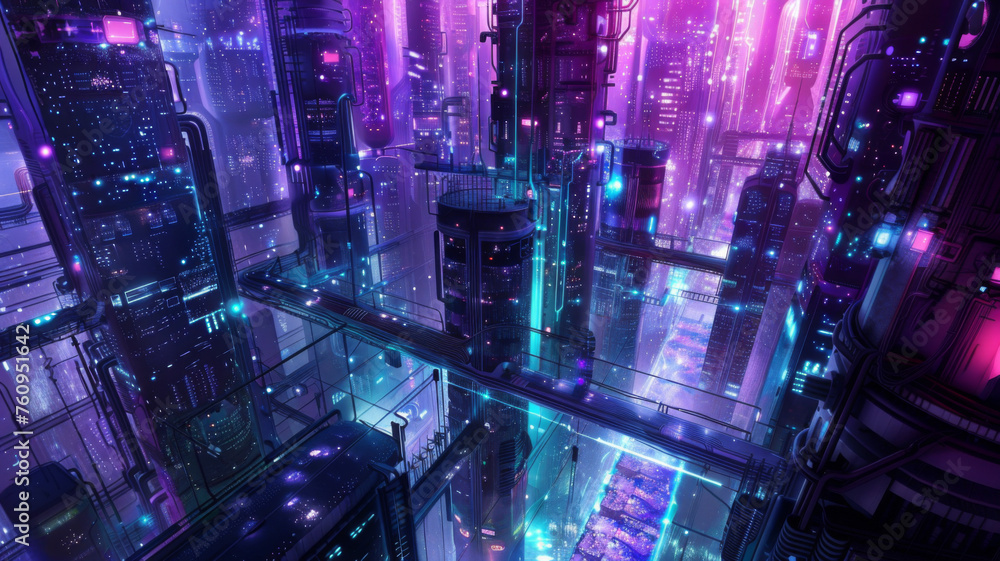 Subterranean Cyberpunk Metropolis, Neon-lit Tunnels, AI Machinery, and Bio mechanical Implants Amidst Towering Server Stacks Subterranean Cyberpunk Metropolis, Neon-lit Tunnels, AI Machinery, and Bio mechanical Implants Amidst Towering Server Stacks
