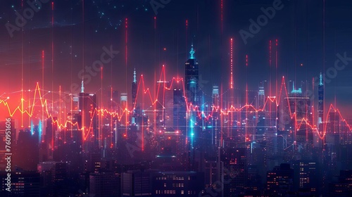 Competitive edge of analytics represented by a sharp, angular graph rising above a cityscape, demonstrating the power of data-driven insights in business, digital illustration