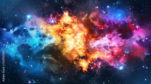 Cosmic nebula supernova explosion with vibrant colors and twinkling stars, space background illustration