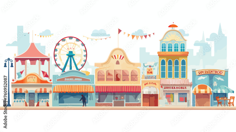 Retro-style beach boardwalk with carnival games and