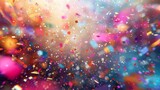 Festive celebration with vibrant confetti explosions and glowing lights, abstract background