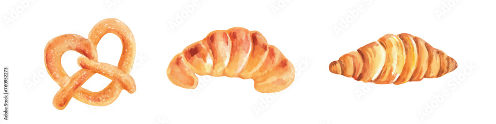 Hand painting of watercolor croissant cake and pastries element Hand painting of watercolor croissant cake and pastries element