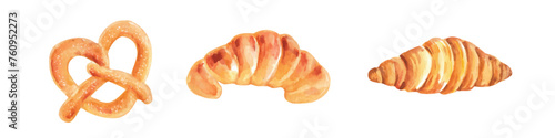 Hand painting of watercolor croissant cake and pastries element
