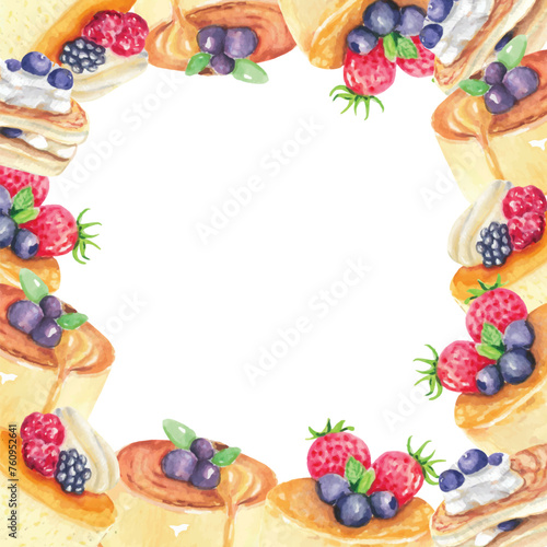 Rounded with watercolor of delicious souffle pancakes border element