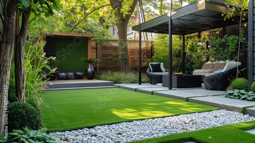 Serenely designed backyard garden with a combination of artificial grass, modern paving, and a cozy summer house, perfect for outdoor relaxation