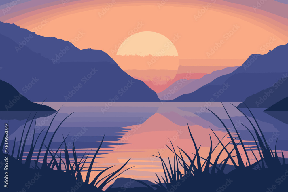 Serene Sunset Over Mountain Lake Vector Illustration