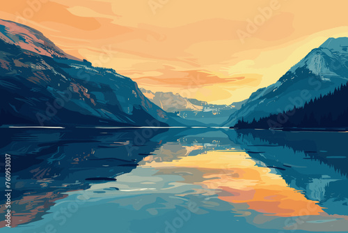 Serene Sunset Over Mountain Lake Vector Illustration