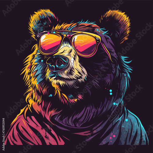 Vector illustration of a grizzly bear in sunglasses on a dark background.