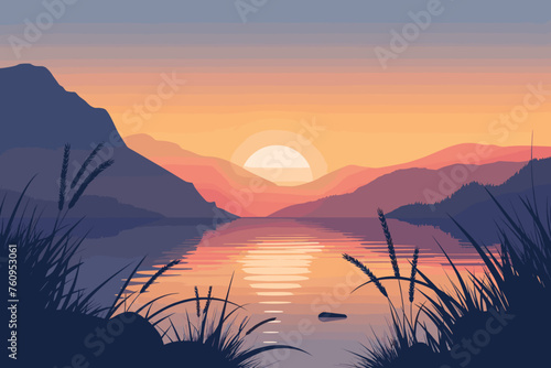 Serene Sunset Over Mountain Lake Vector Illustration © Alex