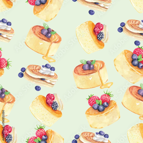 Pattern of watercolor souffle pancakes with honey and cream topping and berries illustration