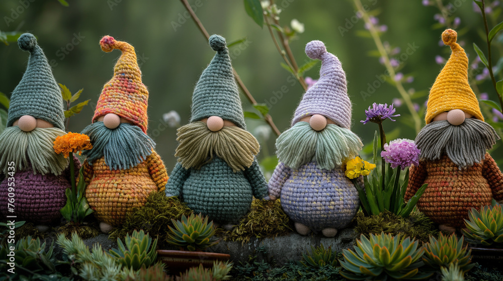 crochet gnomes with pastel colors. Generative AI