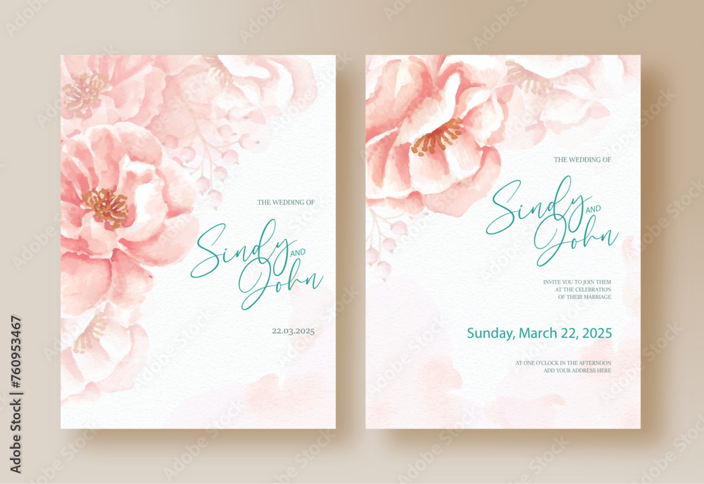 Wedding invitation card with big one of watercolor peach flower on background template