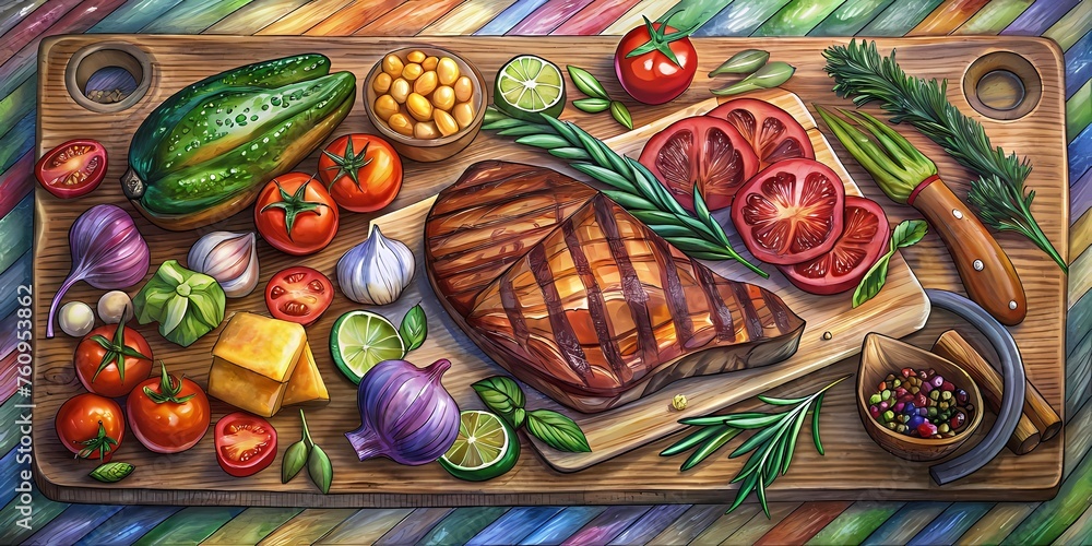 wooden cutting board decorated with steak and vegetables, tomato, zucchini, bell pepper
