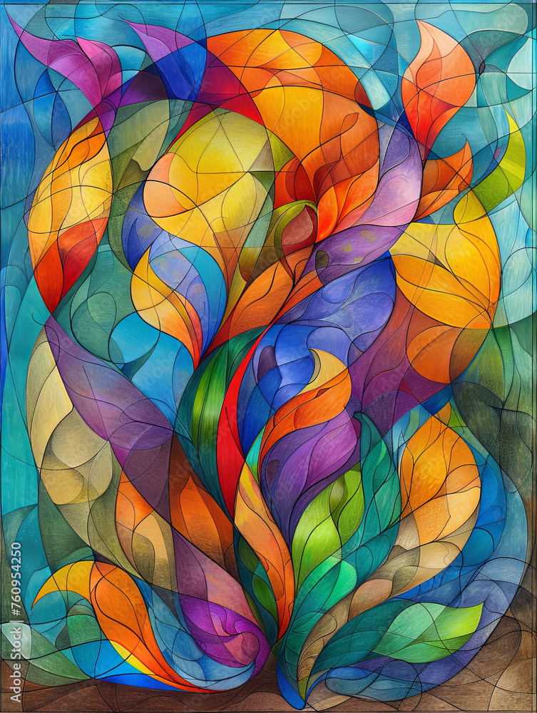Colorful abstract floral stained glass artwork, with intricate symmetrical pattern and vibrant hues.