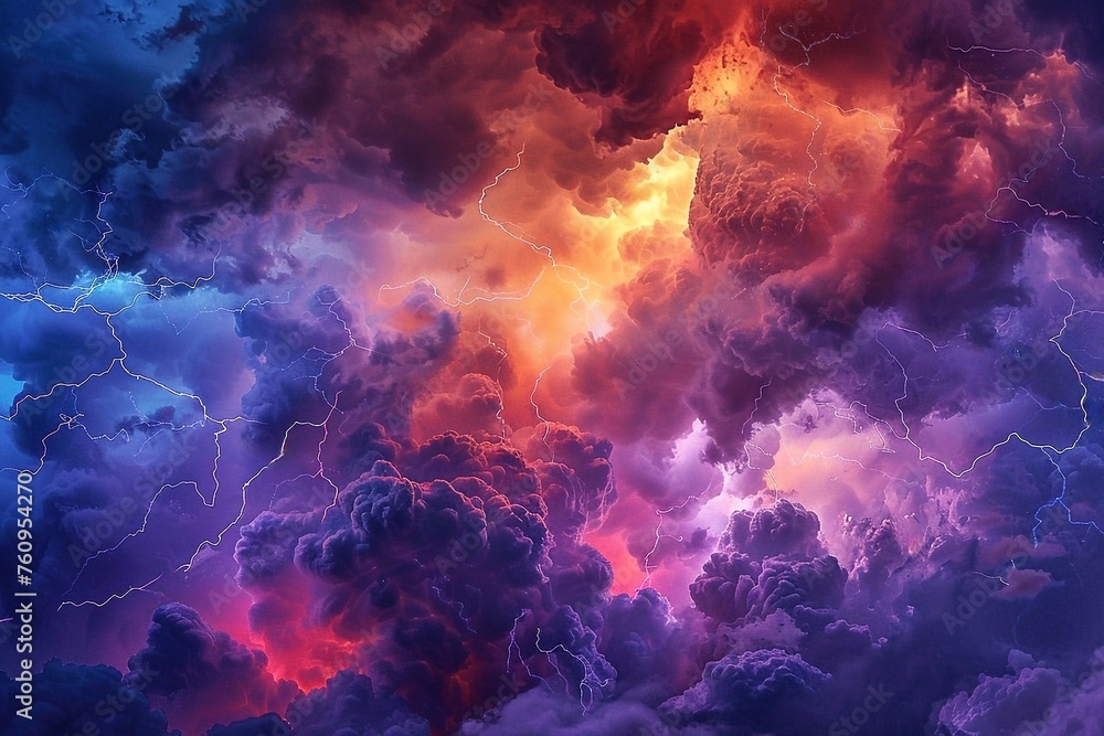 Fiery thunderstorm in the sky. Stormy sky with lightning. Abstract background. 